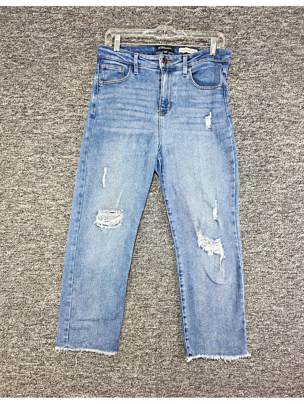 BCBGeneration Women's High Rise Straight Distressed Blue Denim Jeans Button Zip